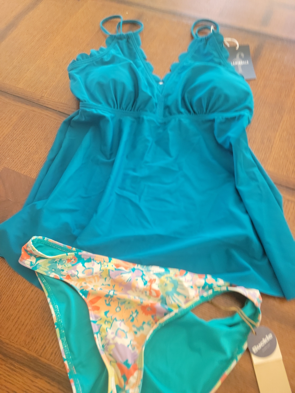 Teal Tankini Swim Set with Floral Bikini Bottom